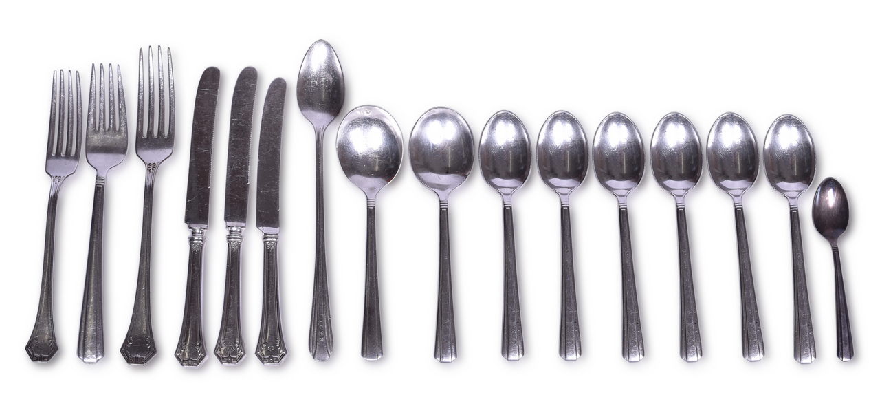 2411 - Sixteen Pieces of Illinois Central Railroad Silver Flatware - Dartmouth and Pompein Patterns thumbnail