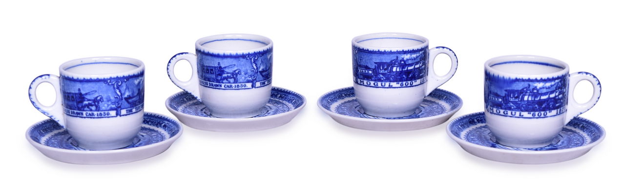 2421 - Four Sets of Baltimore & Ohio Railroad China Centenary Hot Chocolate Blue Line Cups & Saucers thumbnail