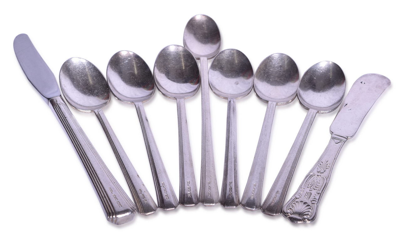2427 - Nine Pieces of Pennsylvania Railroad Silver Flatware - Kings Butter Knife, Broadway Spoons and Knife thumbnail