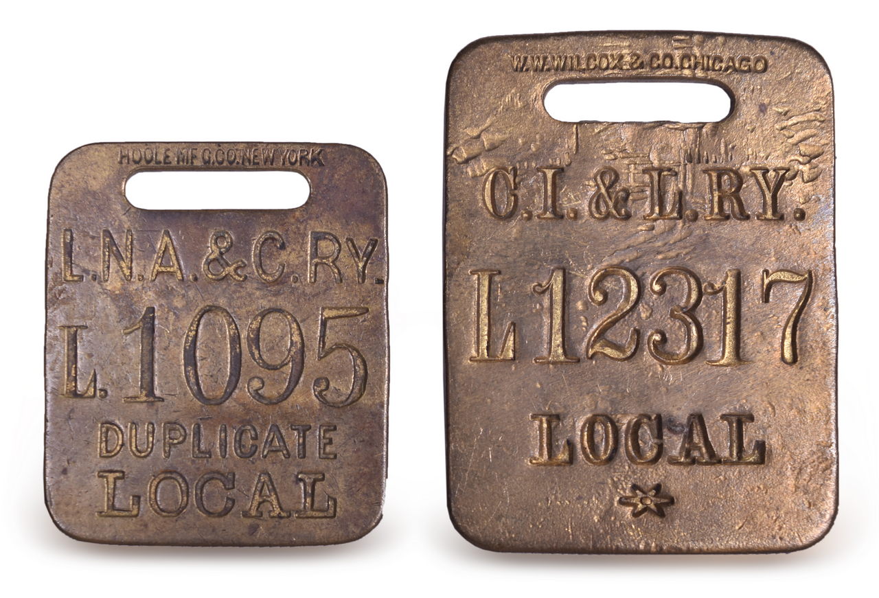 2434 - Pair of Monon / CI&L and Louisville, New Albany and Corydon Railroad Brass Luggage Tags thumbnail