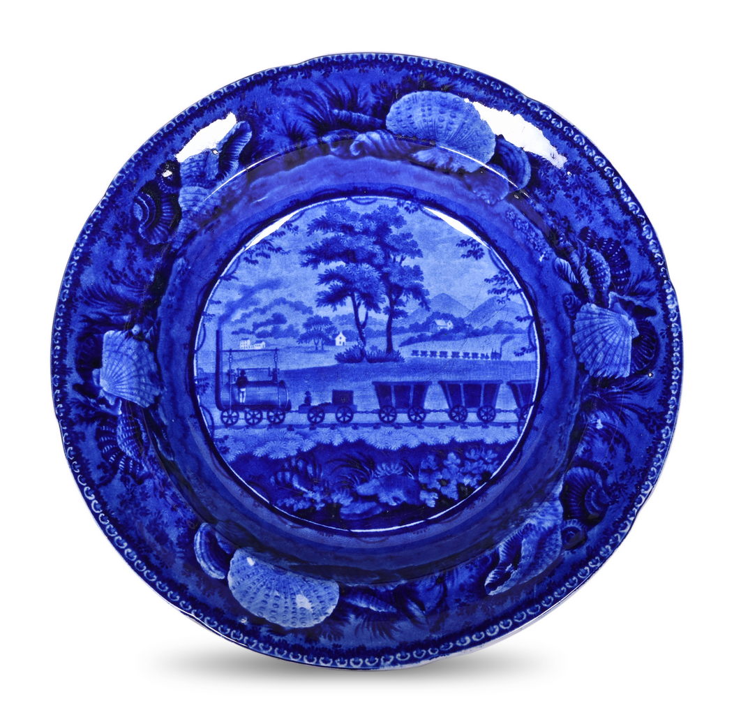2435 - Historical Staffordshire Baltimore & Ohio Railroad Blue Transfer Soup Plate by Enoch Wood & Sons thumbnail