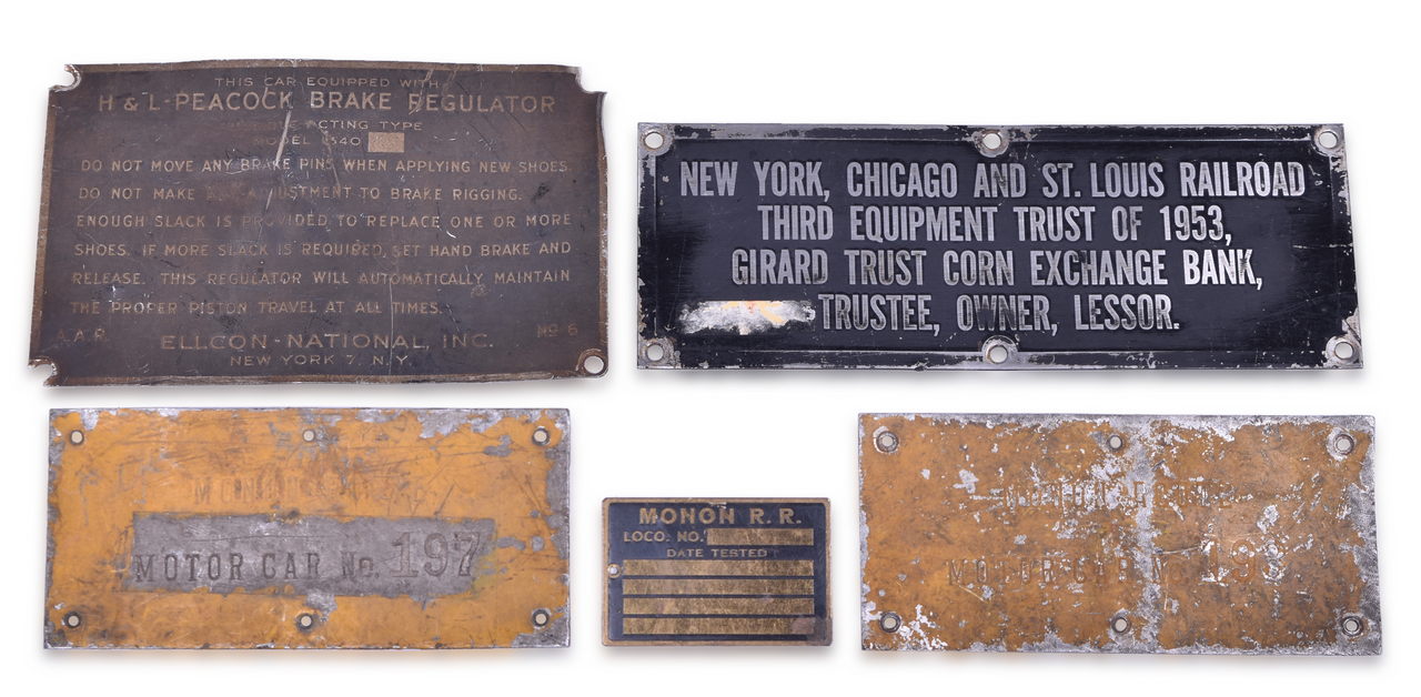 2438 - Monon Railroad Motor Car ID Tags, Monon Locomotive Test Brass Plate, and Nickel Plate Stainless Steel Trust Plate thumbnail
