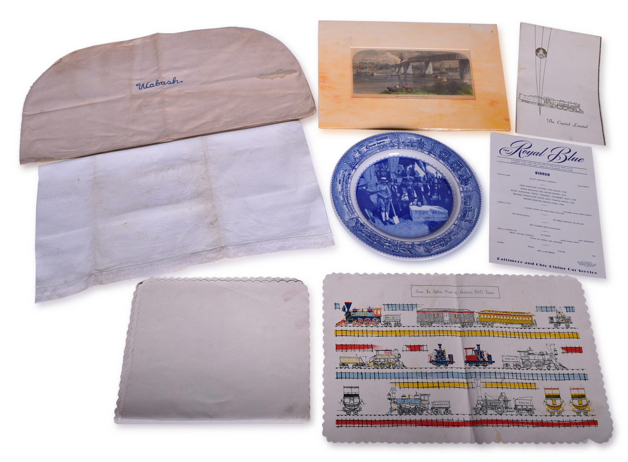 2443 - Mixed Group of Railroad Items - Baltimore & Ohio Railroad Menus, Sesquicentennial Plate, Wabash Headrest Cover, and More thumbnail