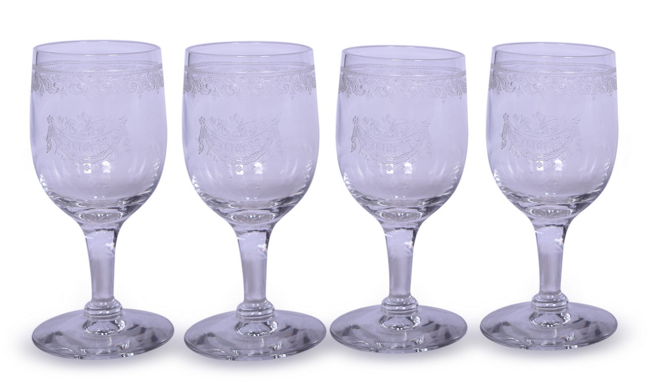 2445 - Four Santa Fe Railroad Stemmed Cordial Glasses with Etched Banner Logo thumbnail