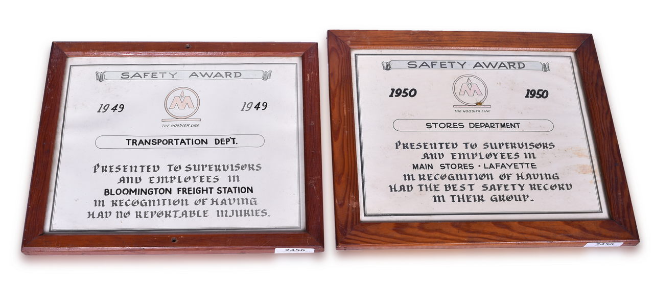 2456 - 1949 and 1950 Monon Railroad Bloomington and Lafayette Framed Safety Awards thumbnail