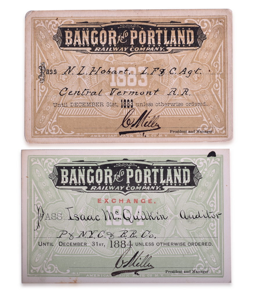 2459 - 1883 and 1884 Bangor & Portland Railway Company Annual Passes thumbnail