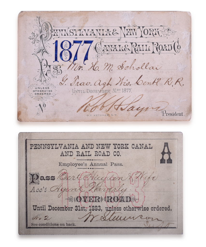 2493 - Pair of Pennsylvania & New York Canal & Railroad Co. Annual Passes - 1877 and 1883 thumbnail