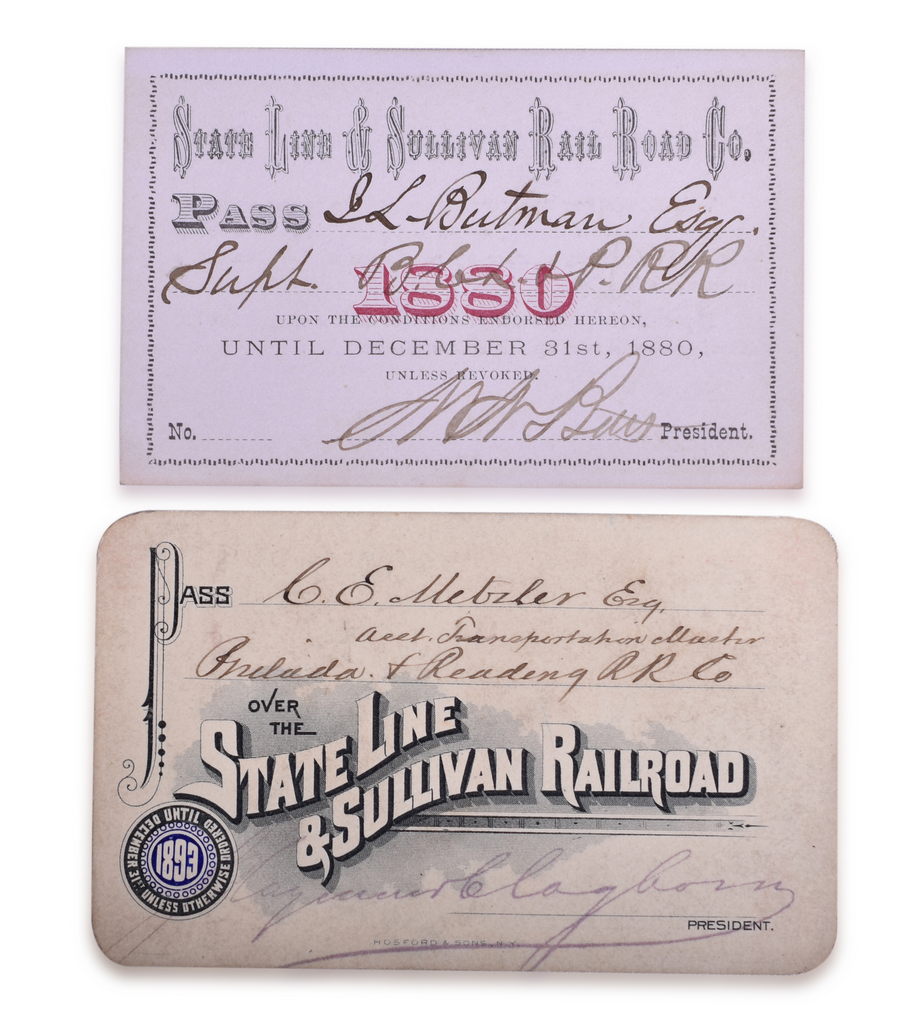 2497 - Pair of State Line & Sullivan Railroad Annual Passes - 1880 and 1893 thumbnail