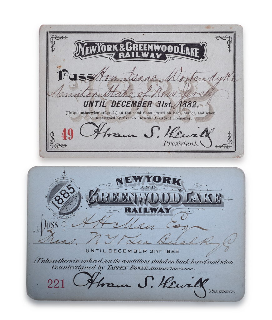 2515 - 1882 and 1885 New York & Greenwood Lake Railway Annual Passes - New Jersey State Senator Wortendyke thumbnail