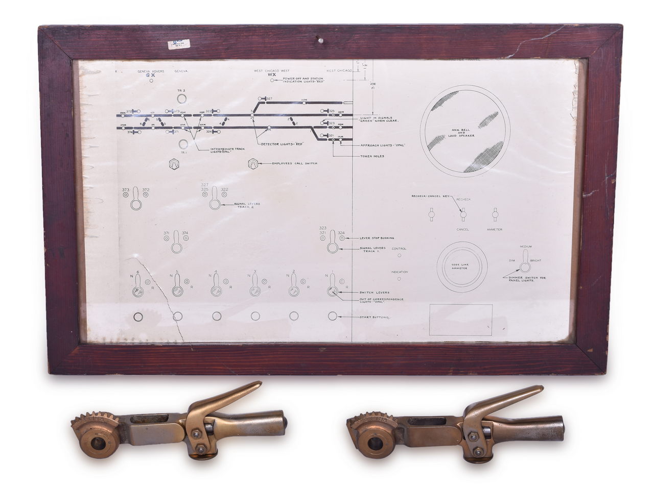 2548 - C&NW Railroad Geneva / West Chicago Interlocking Diagram and two Brass Tower Interlocking Levers thumbnail