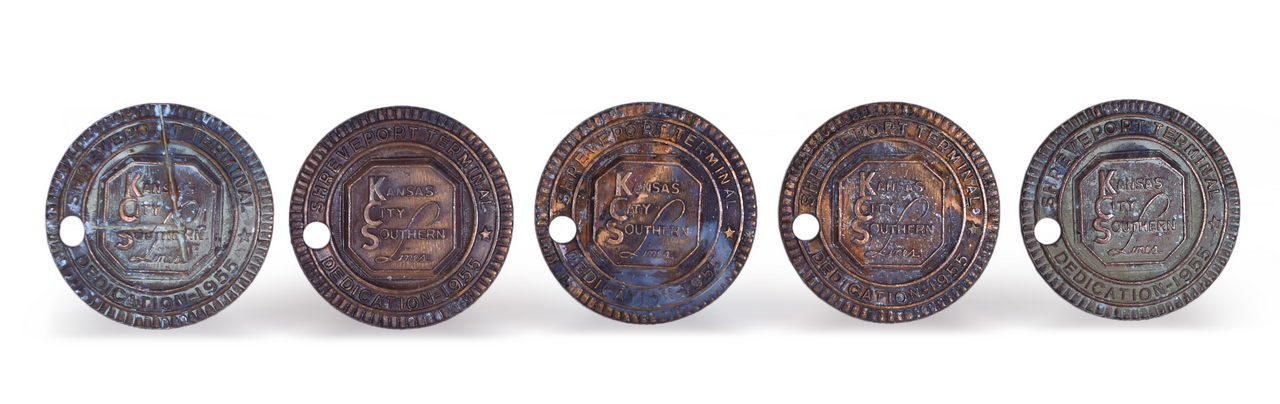 2609 - Five Kansas City Southern Lines Railroad Brass Check Tags - Shreveport Terminal Dedication 1955 thumbnail