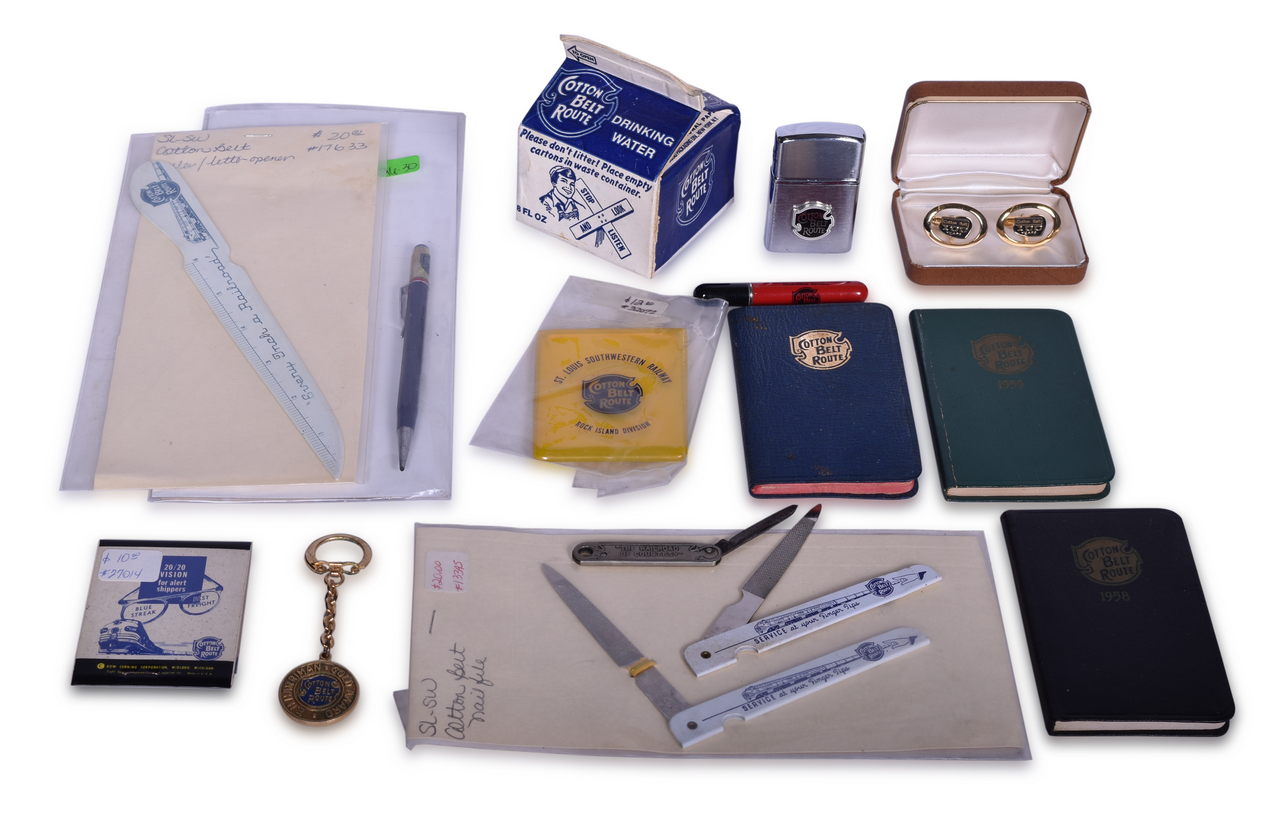 2641 - Fifteen Cotton Belt Route Advertising Items - Lighters, Cufflinks, Water Box, Pocket Knife, and More thumbnail