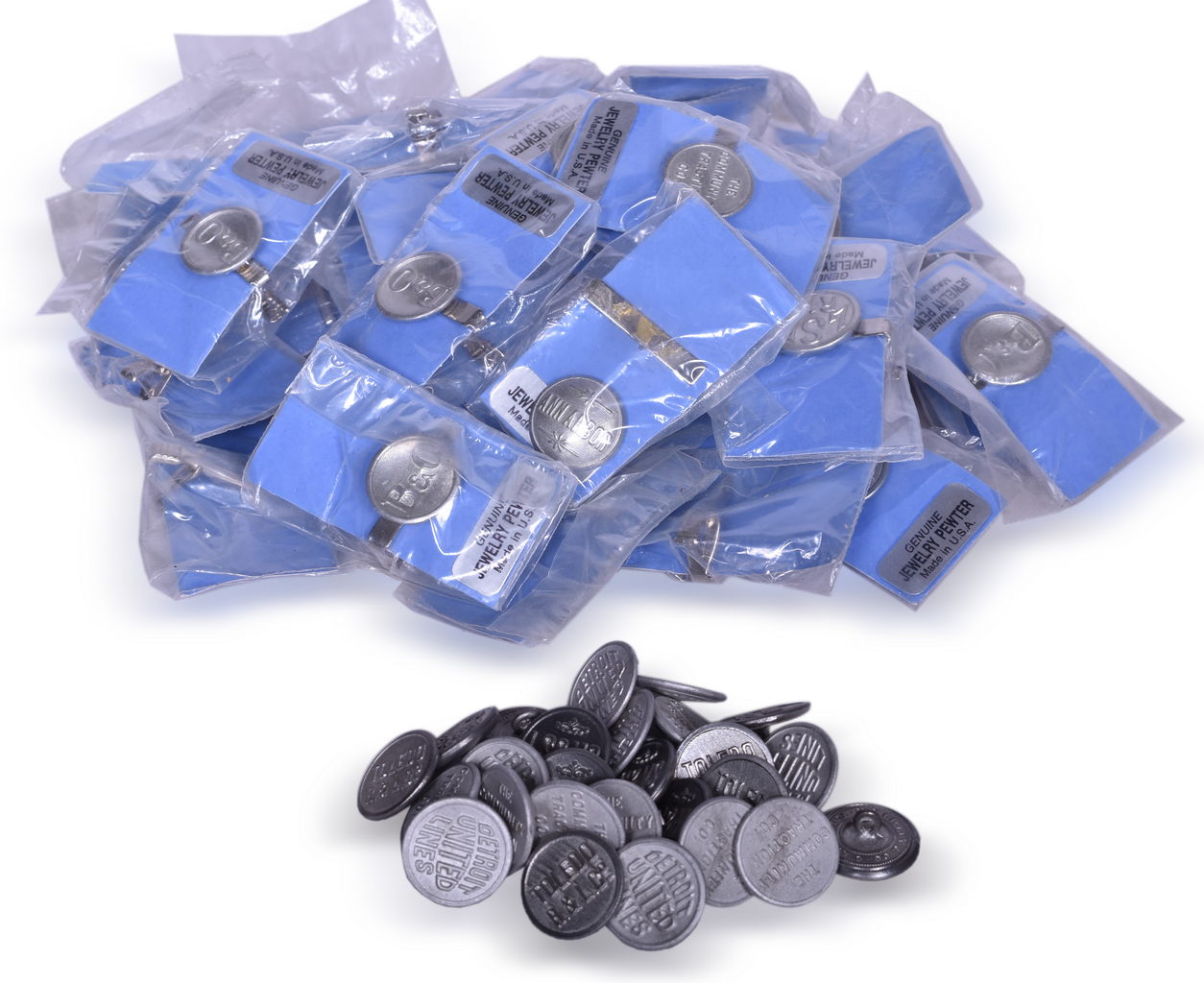 2654 - 67 Reproduction Railroad Pewter Uniform Coat Buttons and Tie Pins - Detroit United Lines, C&O, B&O, NKP, Ann Arbor, Lake Shore Electric, etc. thumbnail