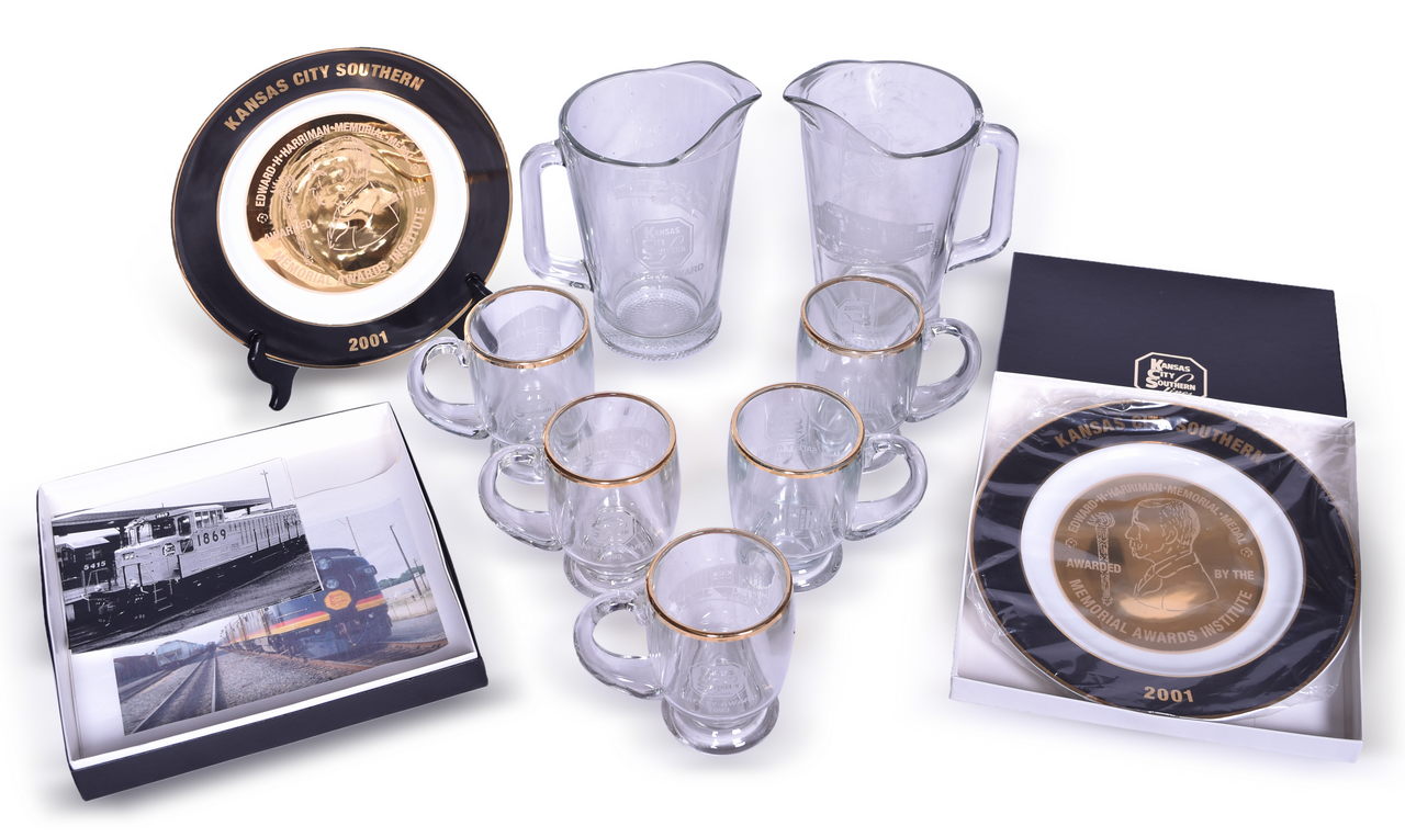 2681 - Group of Kansas City Southern Railroad Harriman Safety Awards - Glass Pitchers, Glasses, and Memorial Medal Plates thumbnail