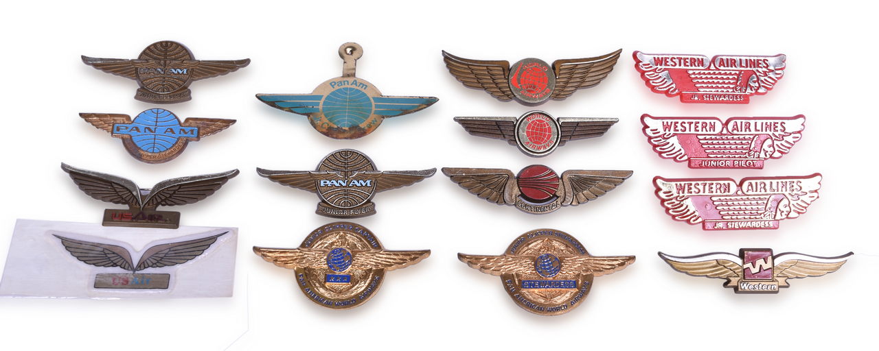 3405 - Fifteen Airline Junior Pilot Wings and Stewardess Badge Pins - Pan Am, Western, US Air, Continental, and World Airways thumbnail