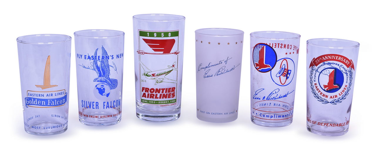 3413 - Six Eastern Air Lines and Frontier Airlines Drinking Glasses - 25th Anniversary, Golden Falcon, Silver Falcon, and More thumbnail