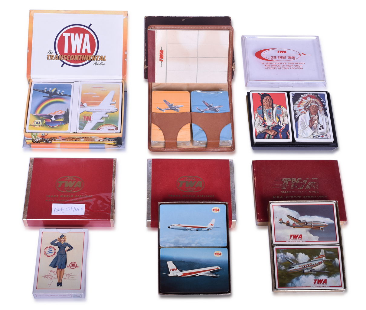 3421 - Thirteen TWA Trans World Airlines Playing Card Decks Advertising Stratoliner, American Indians, and More thumbnail