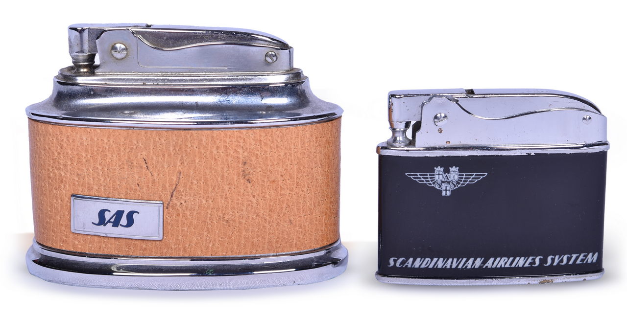 3423 - Two Scandinavian Airlines System SAS Advertising Lighters - MTC Bell Japan and Hamilton Deluxe thumbnail