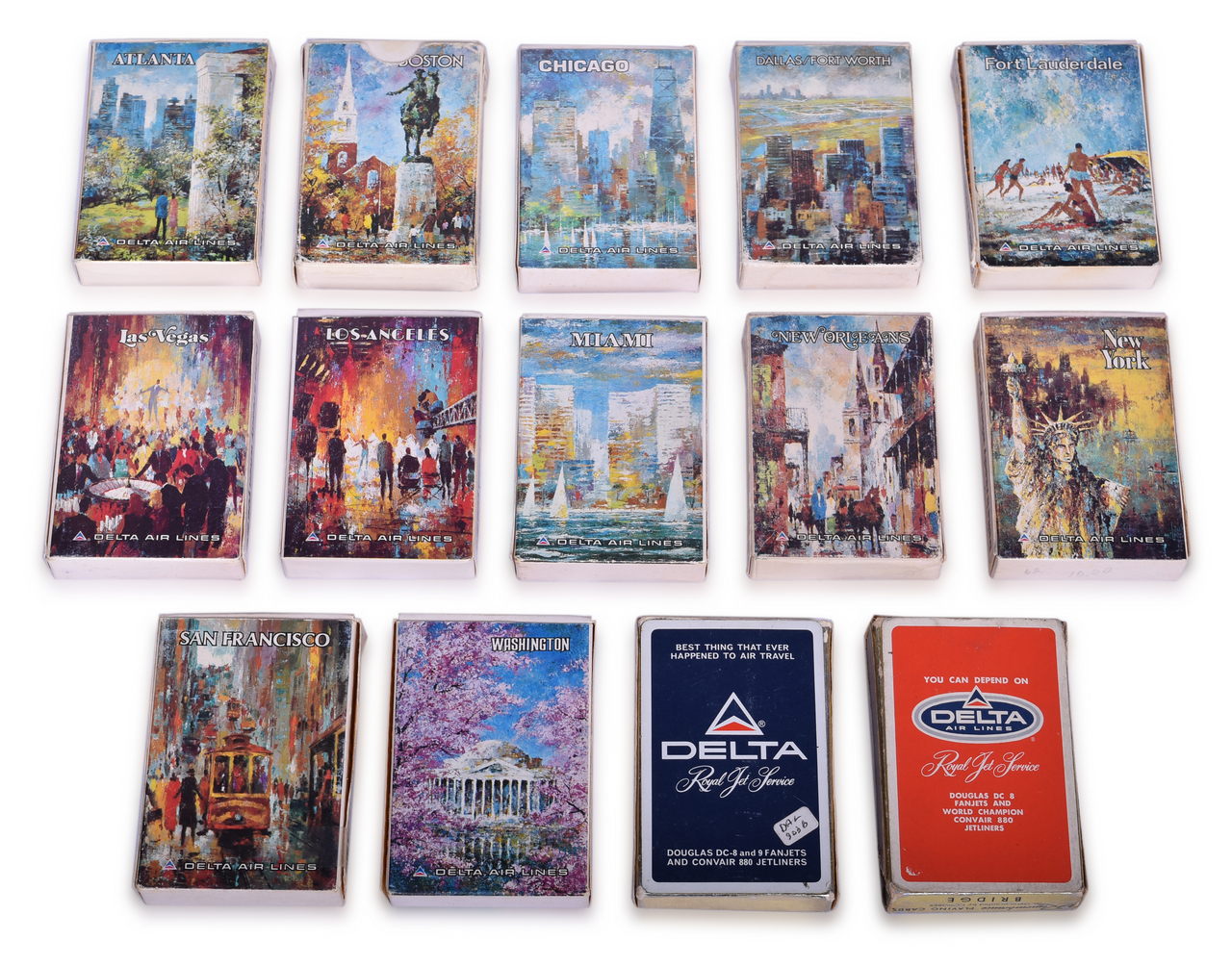 3433 - Fourteen Decks of Delta Air Lines Playing Cards Advertising Travel Destinations and Royal Jet Service thumbnail