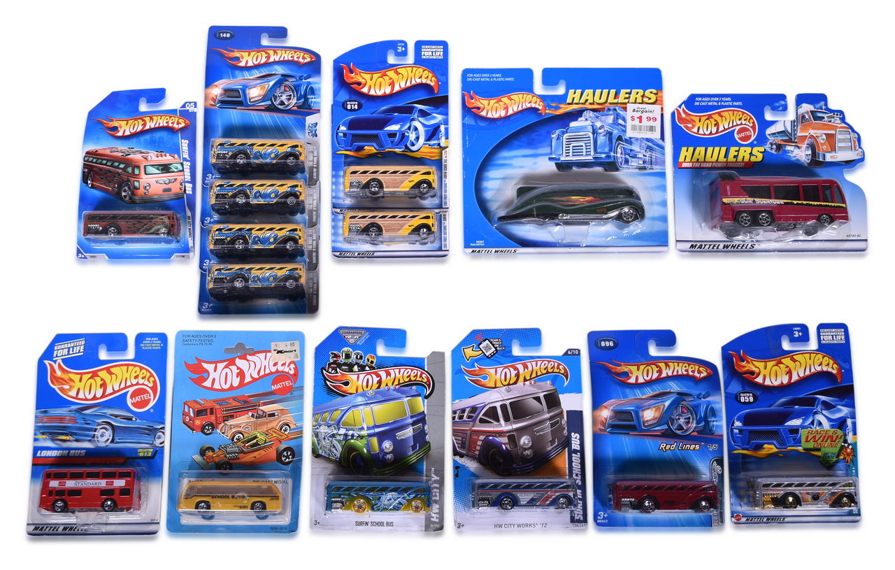 3458 - Group of Fifteen Hot Wheels Die Cast Cars Mint on Card - School Bus No. 3, Haulers, and Surfin' S'Cool Buses thumbnail