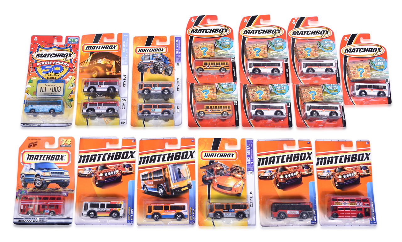3460 - Eighteen Matchbox Die Cast Bus Vehicles - Icarus Coach Birthday Series, City Bus, London Bus, Metro Shuttle, and More thumbnail