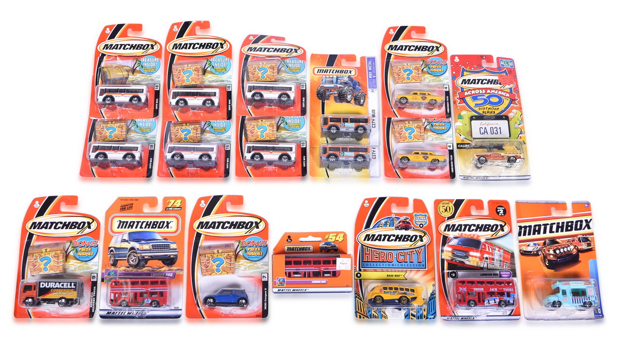 3464 - Eighteen Matchbox Die Cast Bus Vehicles - City Bus, School Bus, Chevy Transport, Route Master, and More thumbnail