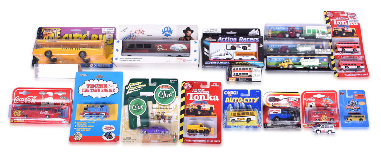 3466 - Eighteen Assorted Die Cast Transportation Toys - ERTL Thomas The Tank Engine, Hank Williams Jr. Bus, Coca-Cola Bus, and More thumbnail