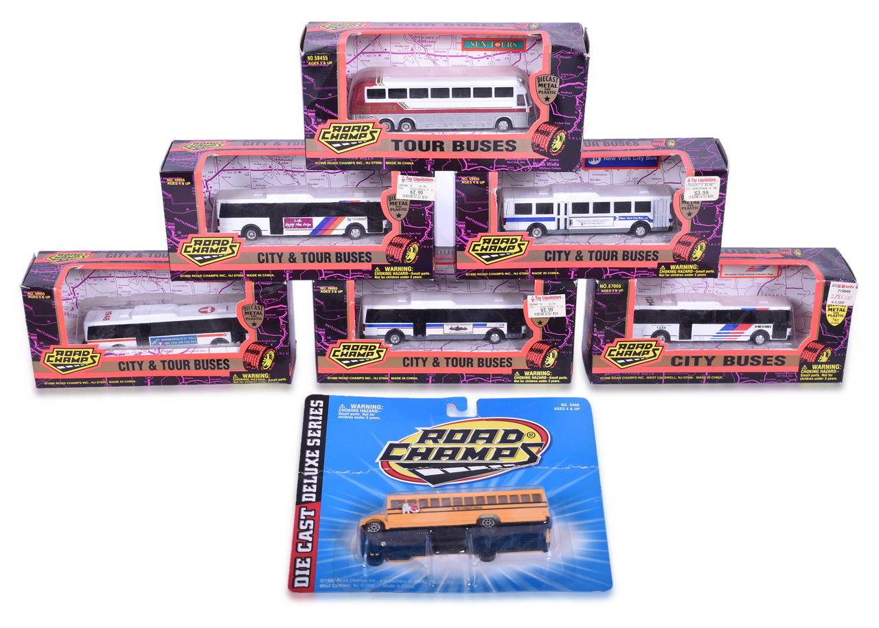 3468 - Eight Die Cast Road Champs City & Tour Bus Toys New In Original Package - New York City, Sun Tours, NJ Transit, Minneapolis St. Paul, and More thumbnail
