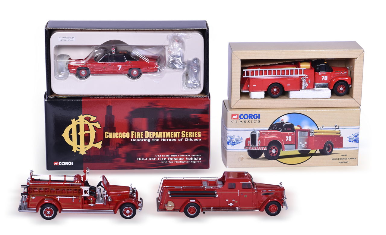 3474 - Four 1:43 Scale Die Cast Fire Trucks and Rescue Vehicle - Corgi Mack B Series Pumper, 1974 Dodge Monaco, 1935 Mack Type 75BX thumbnail