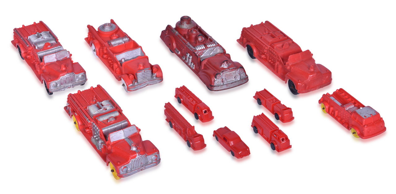 3476 - Eleven Red Plastic and Rubber Fire Engine Trucks and Car - Auburn Fire Department #1 and KFD thumbnail