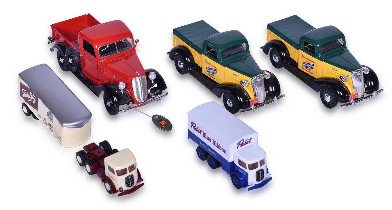 3478 - Five Die Cast Toy Trucks - Chicago & Northwestern Railroad Chevy Banks, Schlitz Beer, Pabst Blue Ribbon, and 1937 Ford Pickup thumbnail