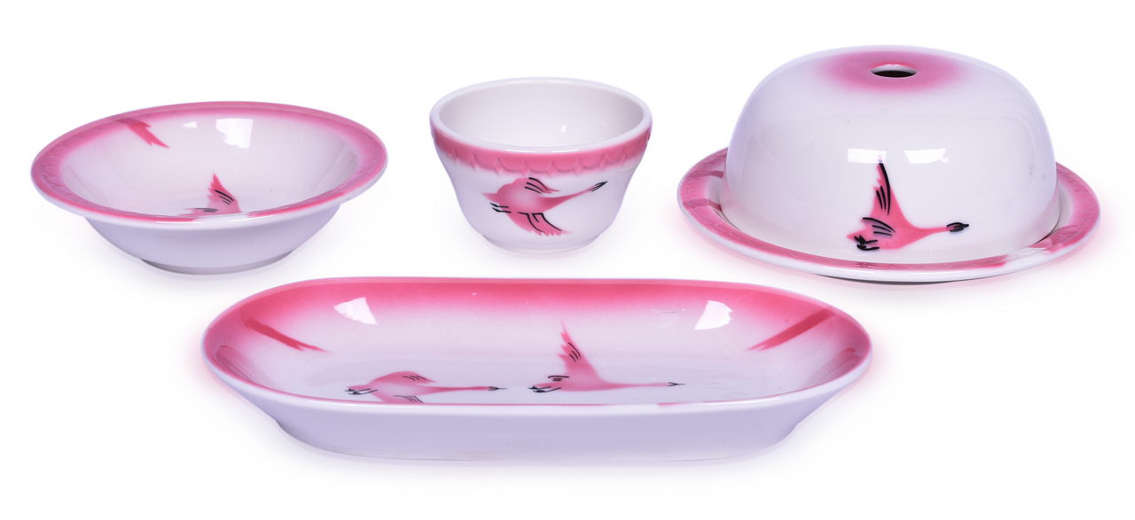 3009 - Five Pieces of Milwaukee Road Dining Car China Traveler Hot Food Cover, Lunch Plate, Bouillon Cup, Oval Celery Dish, and Bowl thumbnail