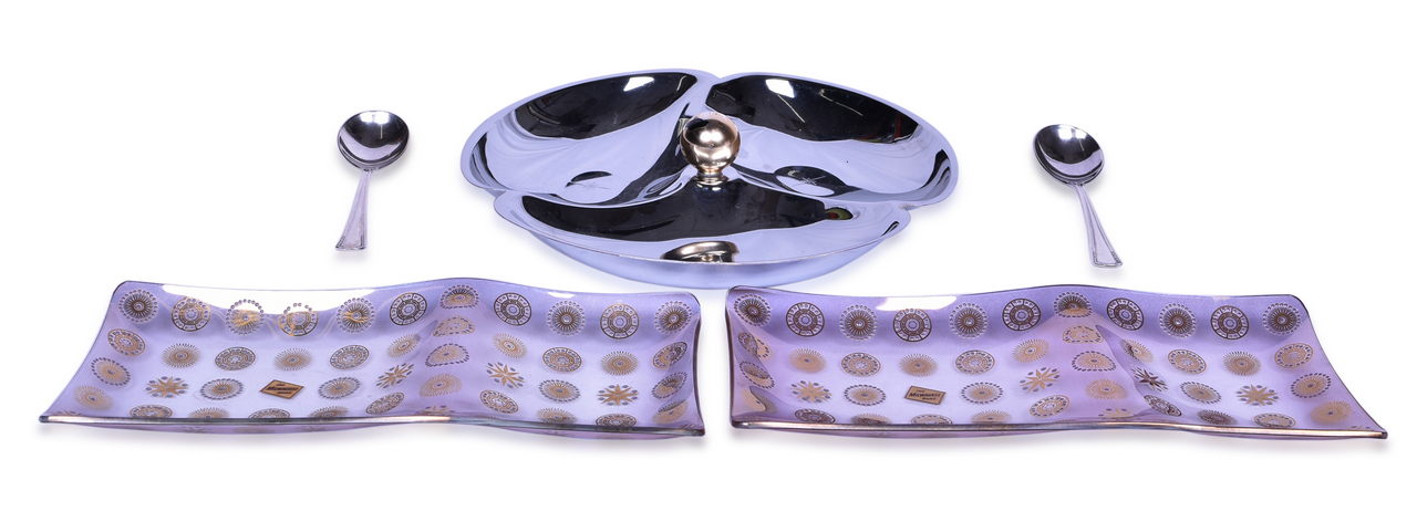 3013 - Five Milwaukee Road Dining Car Items - Silver Bouillon Spoons, Mid Century Serving Tray, and Glama Glass Trays thumbnail