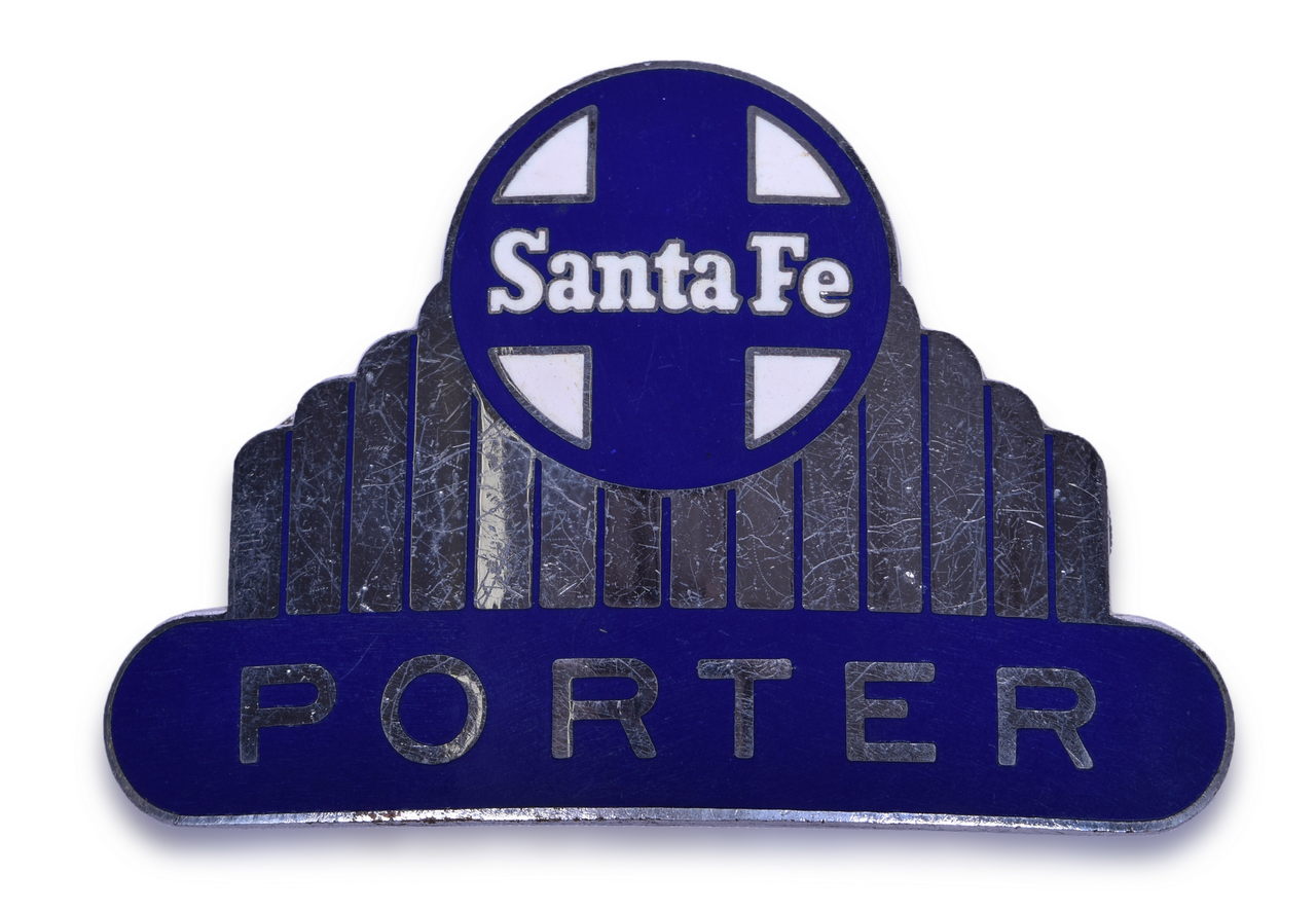 3016 - Santa Fe Railroad High Top Nickel Porter Cap Badge thumbnail