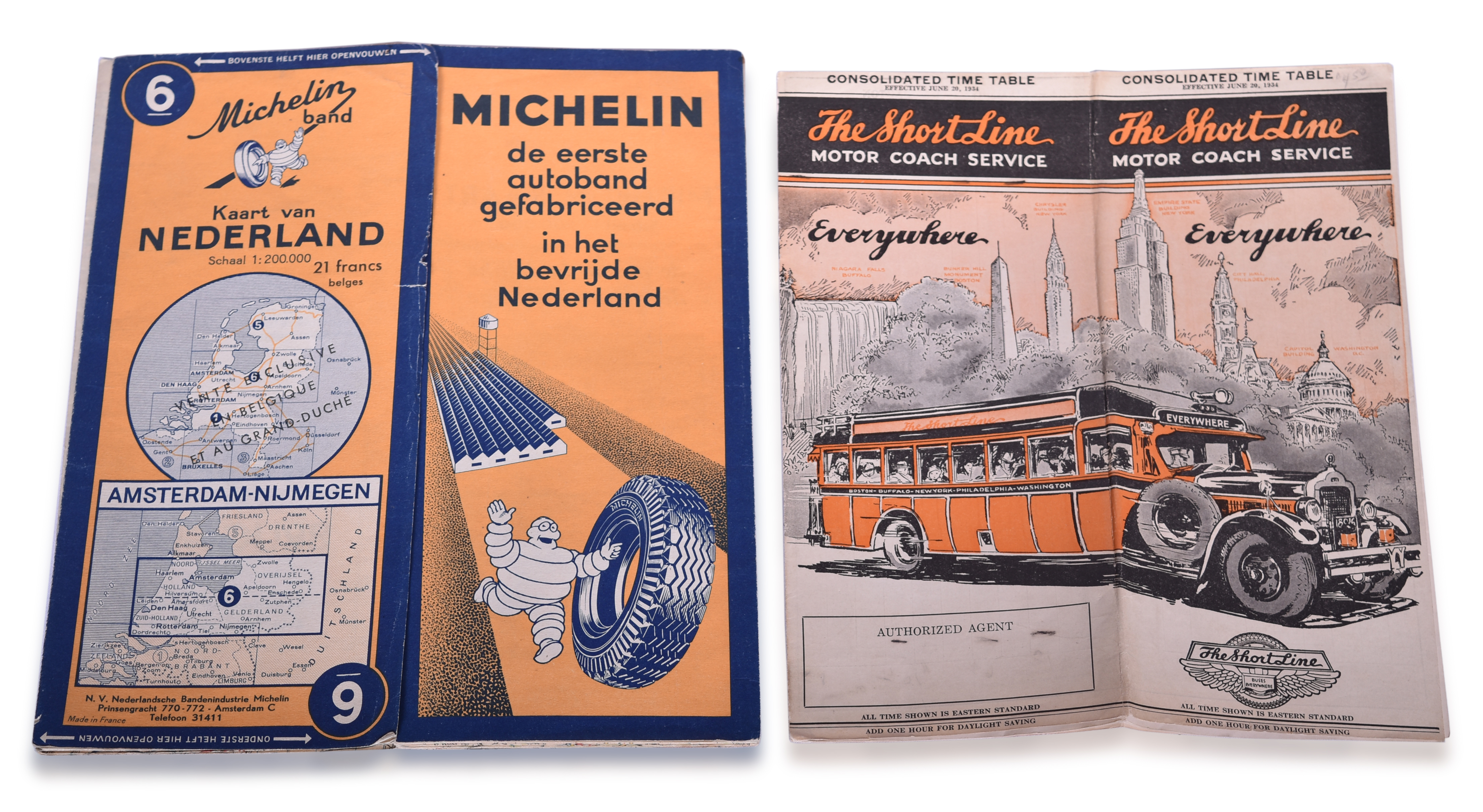 3537A - 1934 Short Line Motor Coach Service Timetable and 1947 Michelin Map 6 of Netherlands thumbnail