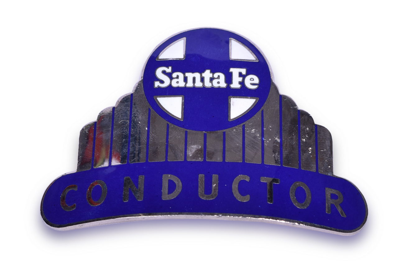 3018 - Santa Fe Railroad High Top Nickel Conductor Cap Badge thumbnail