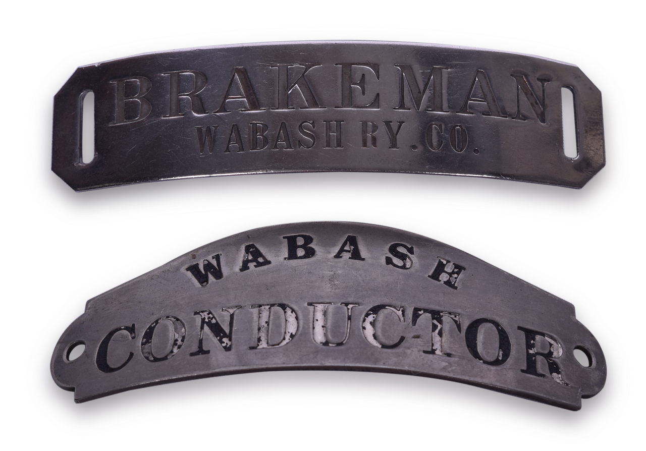 3026 - Wabash Railroad Conductor and Brakeman Nickel Cap Badges thumbnail