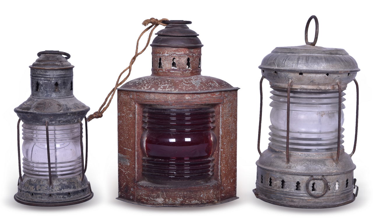 3539 - Three Nautical Maritime Boat Lanterns - W Highest Quality Trade Mark and Red Port Lamp thumbnail