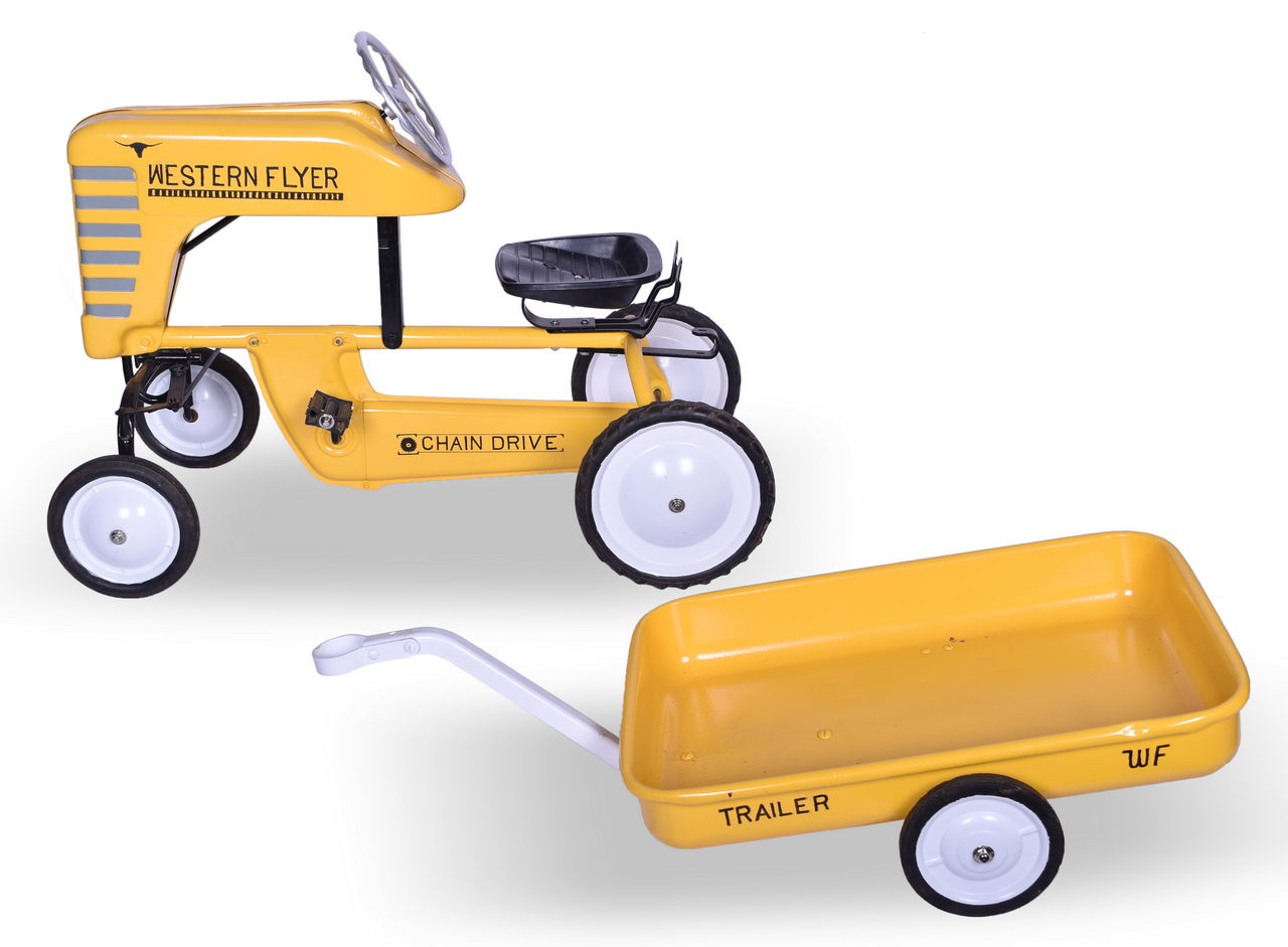 3540 - Restored Western Flyer Chain Drive Pedal Tractor With Wagon Trailer thumbnail