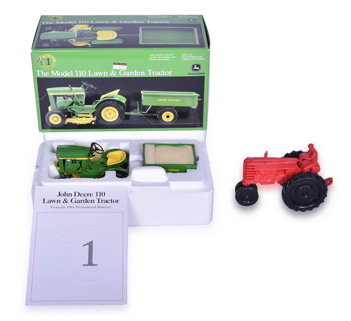 3544 - 2001 ERTL John Deere Die Cast Model 110 Lawn & Garden Tractor and Auburn Rubber Toy Tractor thumbnail