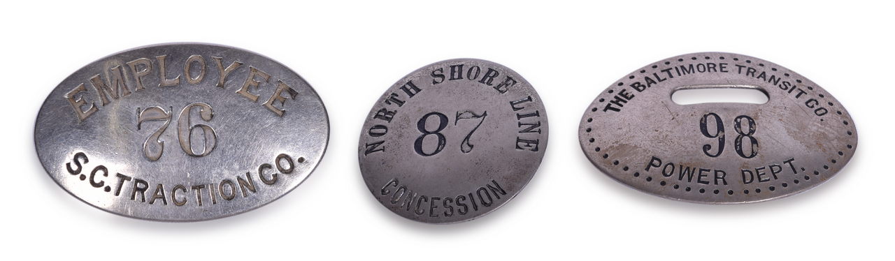 3038 - Three Traction / Interurban Company Nickel Employee Badges - North Shore Line, Baltimore Transit, and South Carolina Traction thumbnail