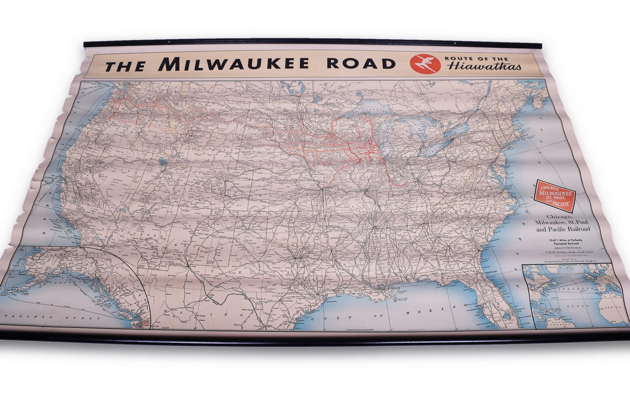 3039 - 1951 Chicago, Milwaukee, St. Paul & Pacific Railroad Wall Map - Route of the Hiawathas thumbnail