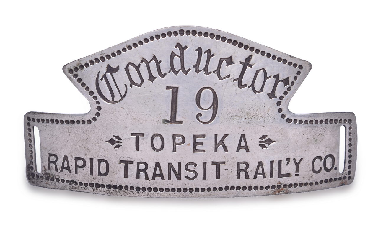 3040 - Topeka Rapid Transit Railway Company - Conductor Nickel Cap Badge thumbnail
