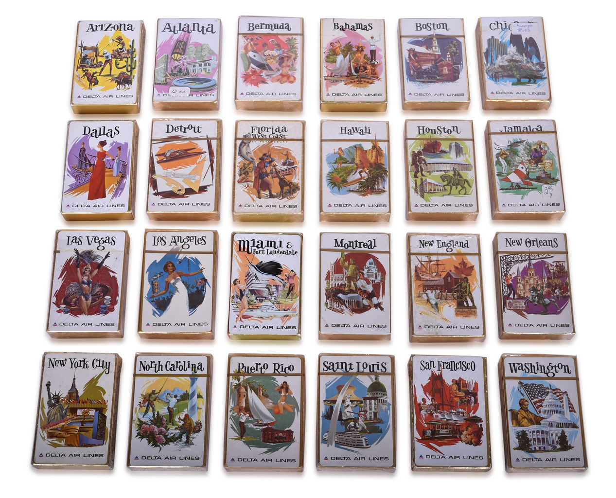 3553 - Twenty-Four Delta Air Lines Playing Card Decks - Travel Destination Advertising, Arizona, Jamaica, Las Vegas, New Orleans, and More thumbnail