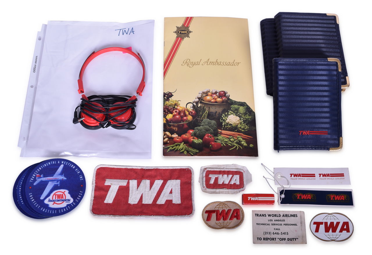 3557 - Assorted Group of TWA Airline Employee Patches, Royal Ambassador Menu, Headphones, Coasters, and More thumbnail
