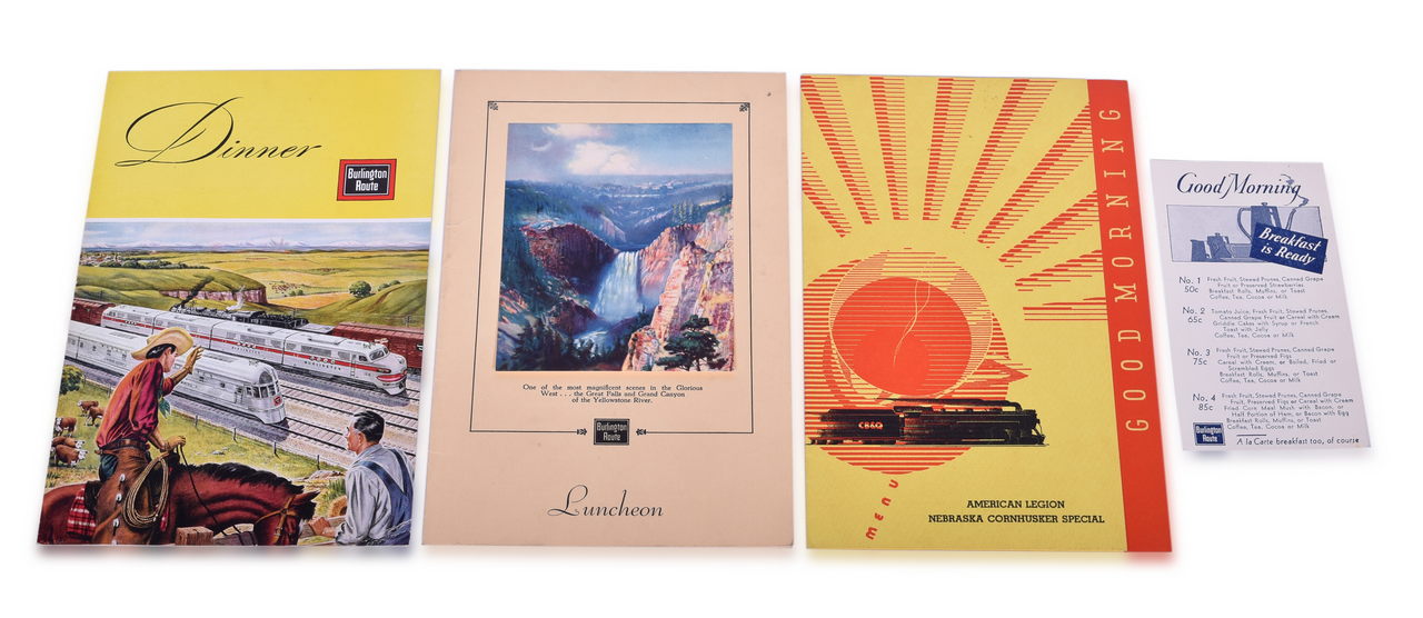 3053 - Four Chicago, Burlington & Quincy Railroad Menus - Yellowstone River, Nebraska Cornhusker Special, and 1954 Omaha Centennial thumbnail