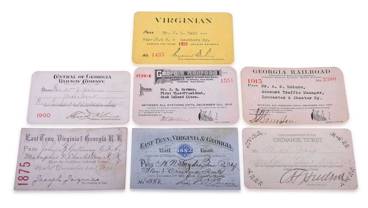 3055 - Seven Southeastern Railroad Annual Passes and Exchange Ticket - East Tennessee, Virginia & Georgia, Central of Georgia, and More thumbnail