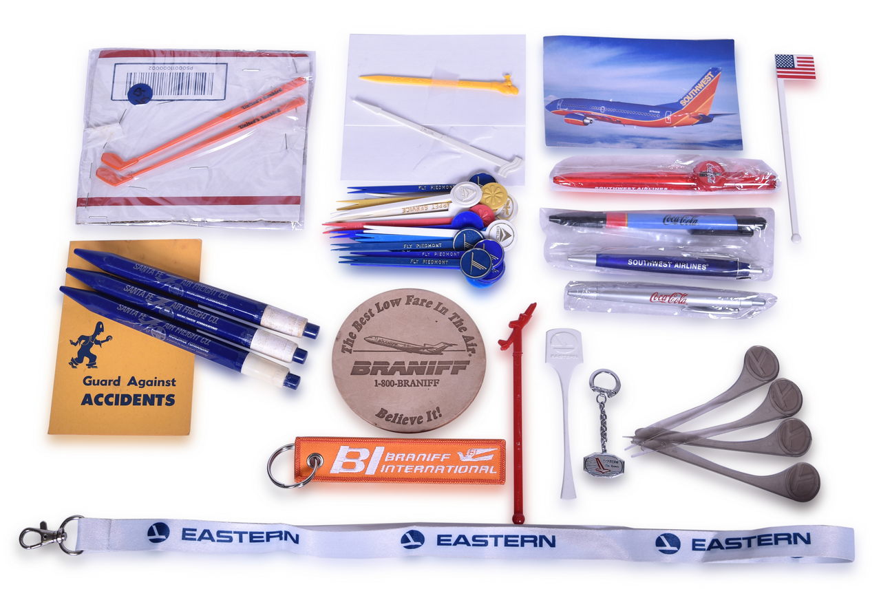 3563 - Large Collection of Airline Promotional Advertising Items - Cocktail Fork Picks, Coasters, Pens, Lanyard, Keychain, and More thumbnail