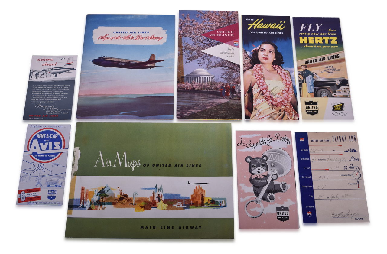 3569 - Nine United Air Lines Paper Items - Travel Brochures, Guides, Maps, Information Packet, Flight Log, and More thumbnail
