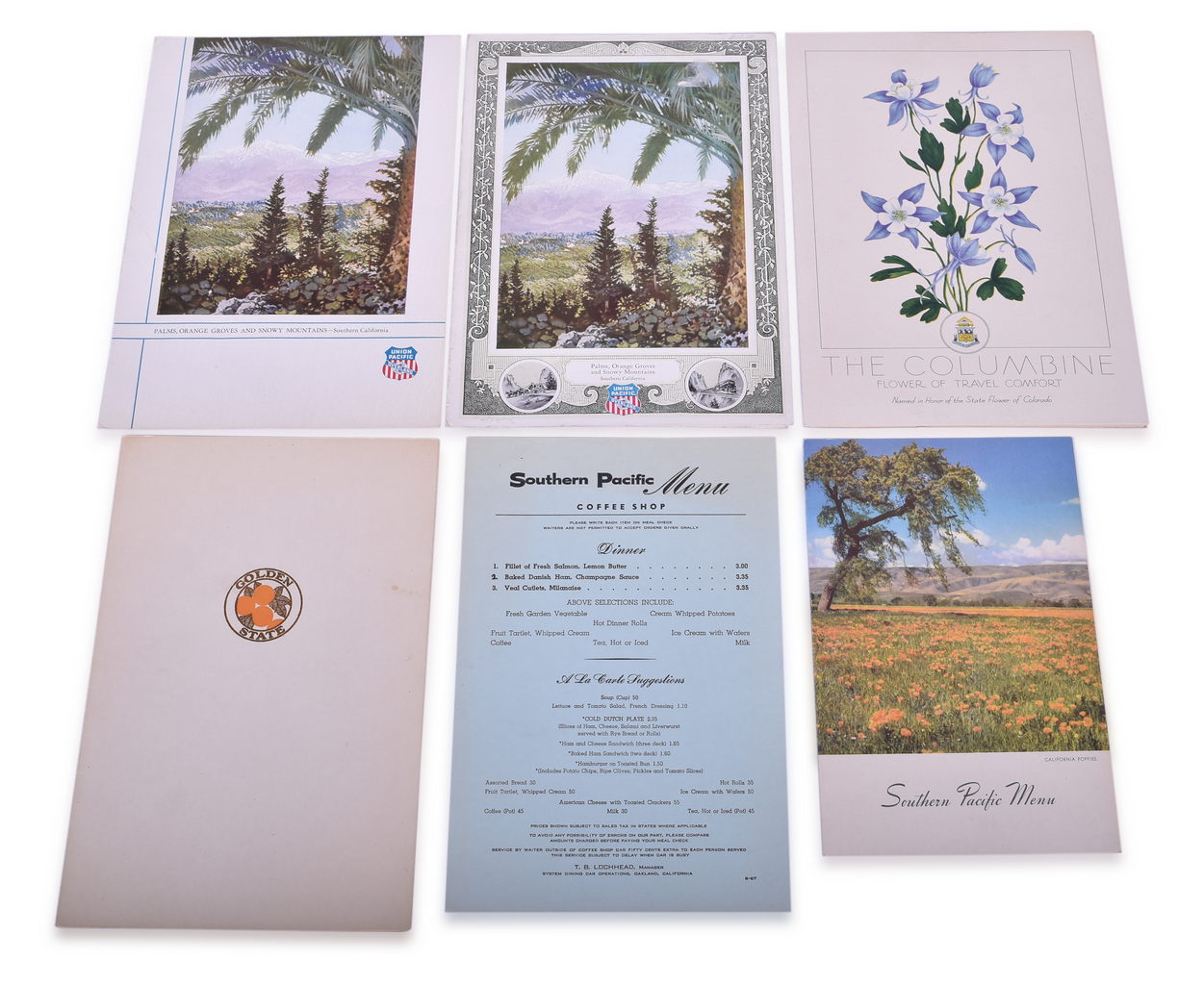 3065 - Six Union Pacific and Southern Pacific Railroad Menus - Columbine, Golden State, Palms Orange Groves and Snowy Mountains, and More thumbnail